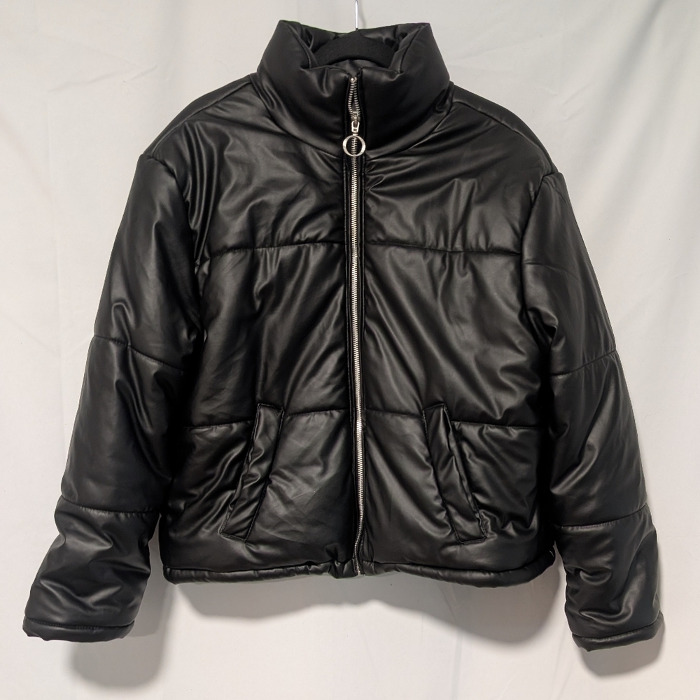 Black Faux Leather Crop Puffer Jacket Size Large